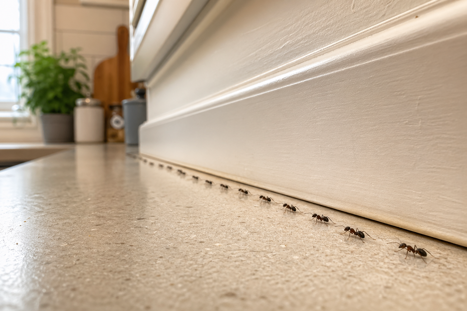 How to get rid of ants in Scottsdale — ant trail along kitchen baseboard