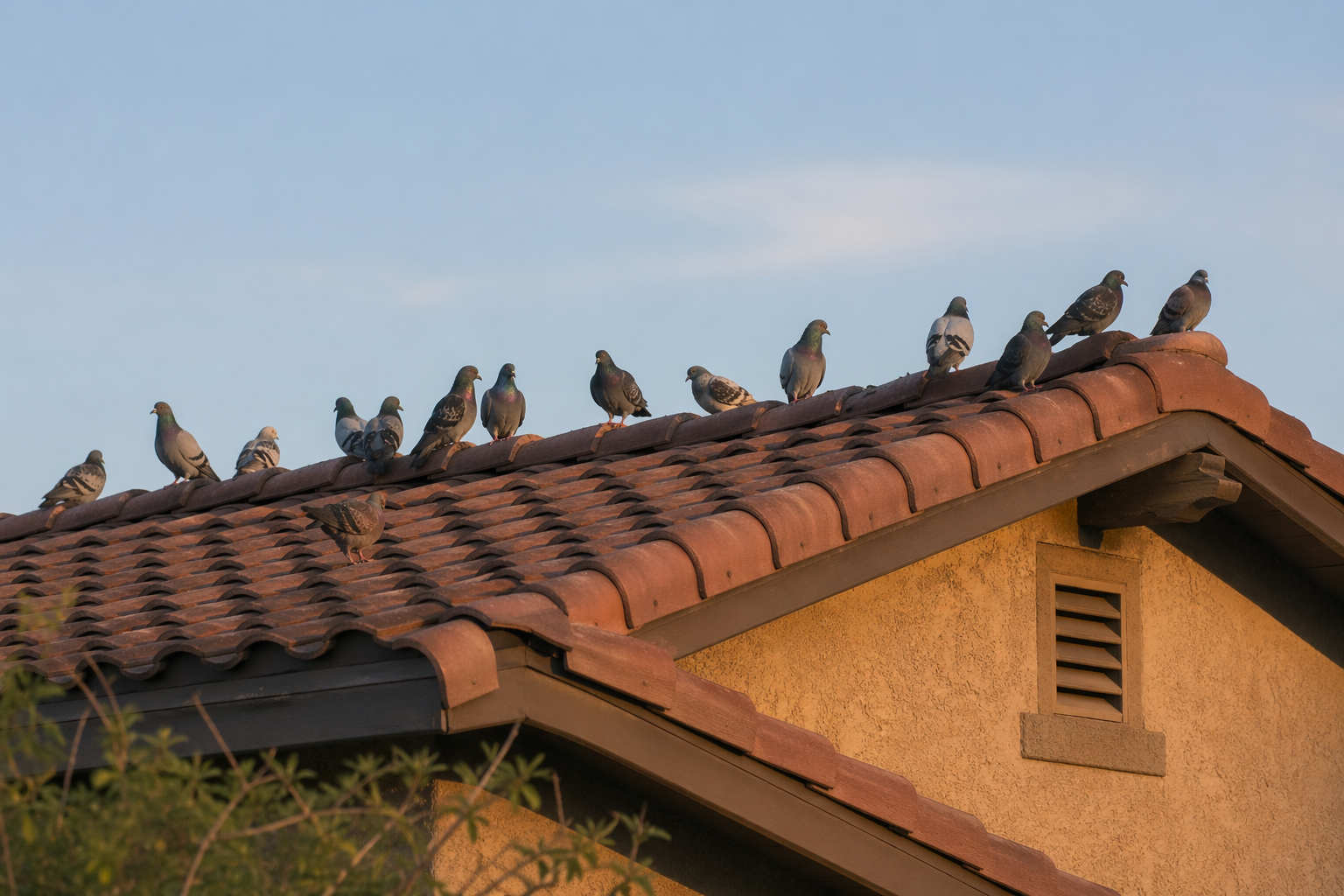 How to get rid of pigeons in Phoenix — pigeons roosting on residential tile roof
